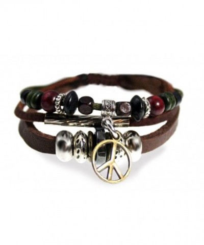 Peace Symbol Beaded Leather Bracelet