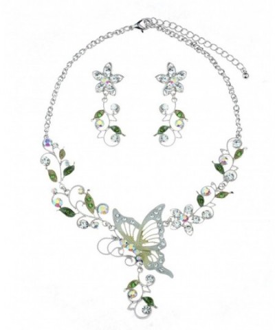 Butterfly Pendant Necklace Earrings Silver Tone