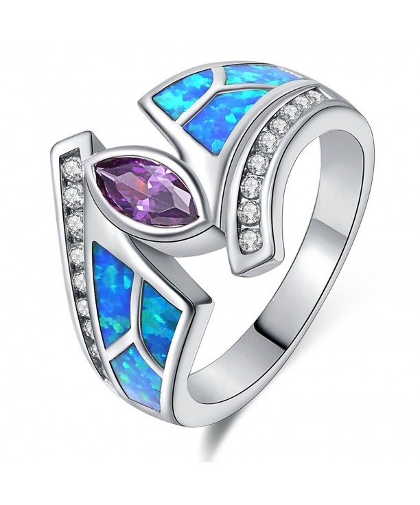 Women Rings Blue Fire Opal Purple Cubic Zirconia Rhodium Plated Flower ...