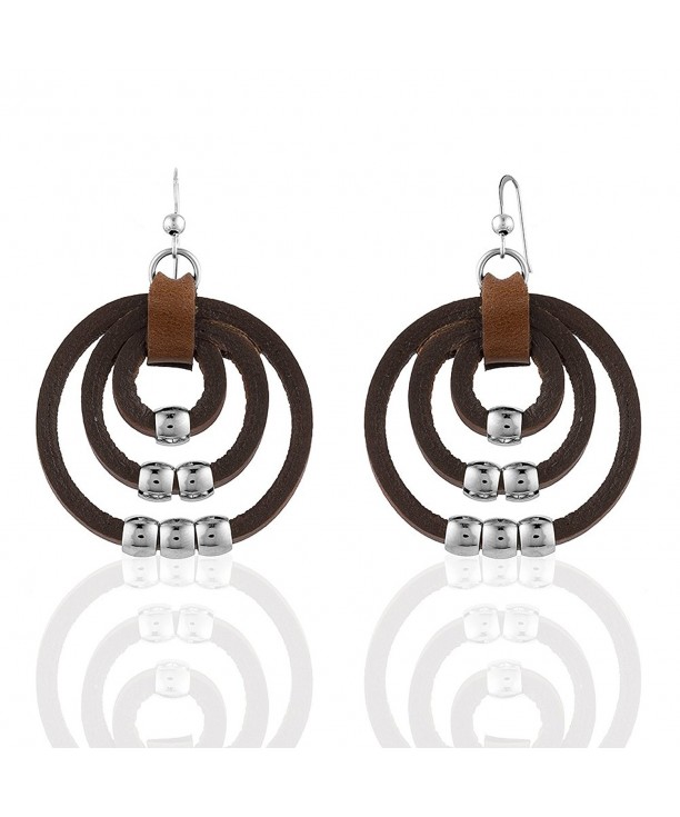 Stainless Leather Circles Dangle Earrings
