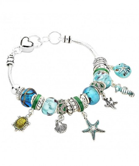 Women's Starfish Seahorse Turtle Glass Bead Beach Charm Bracelet Blue ...
