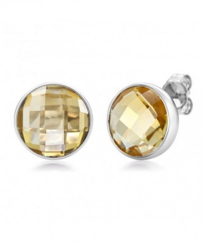Citrine Round Checkerboard Silver Earrings