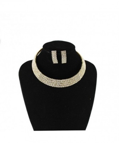 Elastic Rhinestone Necklace Earrings Gold Tone