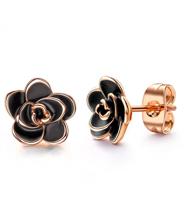 Allencoco Plated Black Flower Earrings