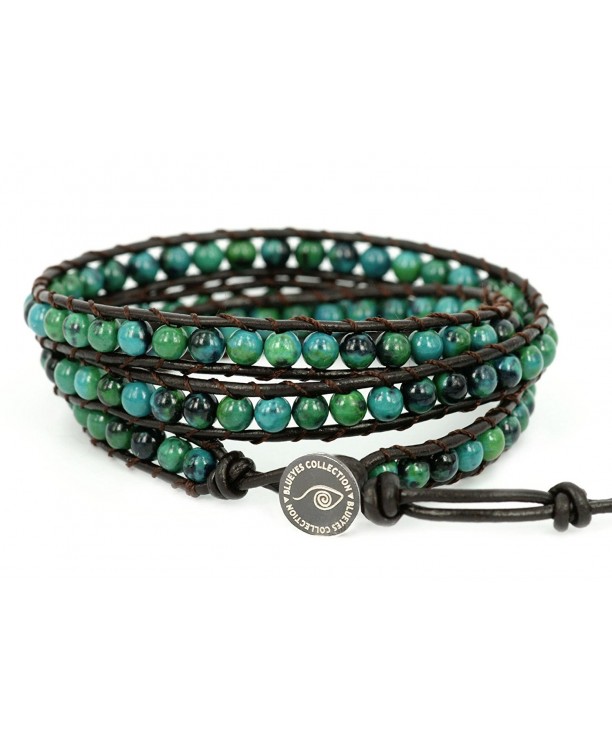 BLUEYES COLLECTION Amicable Blue Mix Green ChrysocollaGemstone Beads Genuine Leather Bracelet 3 Wraps