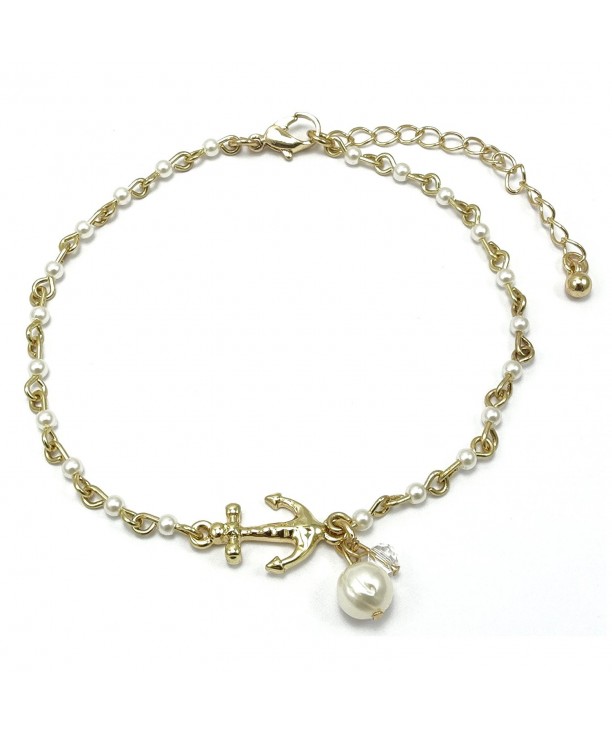 Anchor Charm and Freshwater Pearl Bead Link Anklet Gold Pearl Bead ...