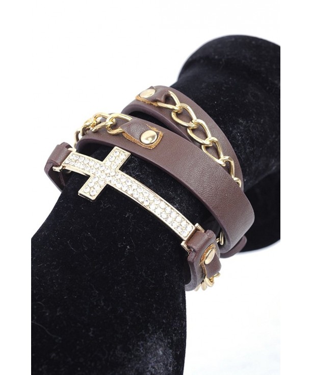 Rhinestone Cross Leather Bracelet Gold Tone